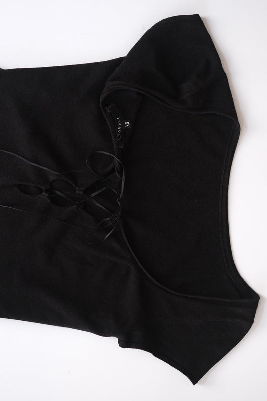 Gucci by Tom Ford black cap sleeve front-tie knitted top