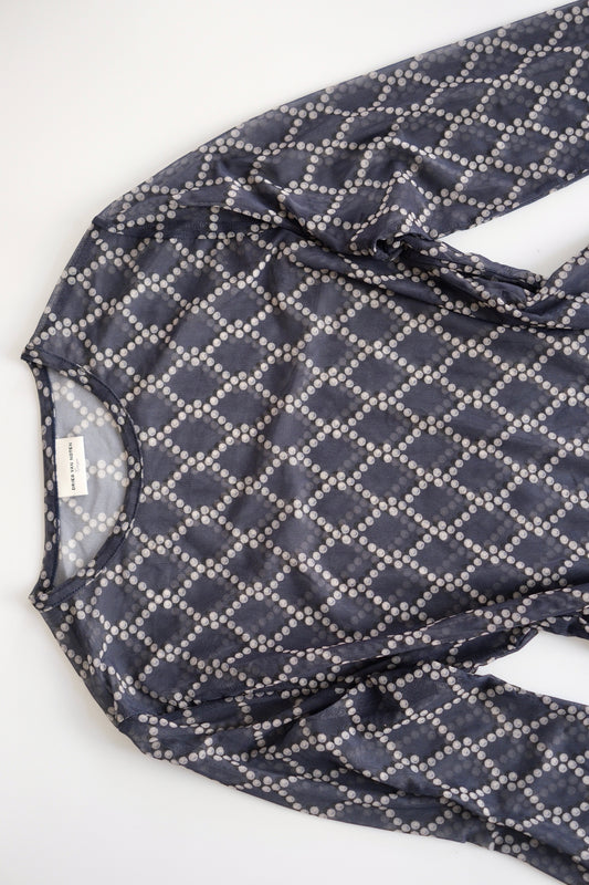 Dries van Noten navy blue diamond print mesh top