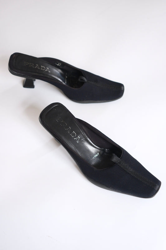 Prada FW 1999 midnight blue heeled mules