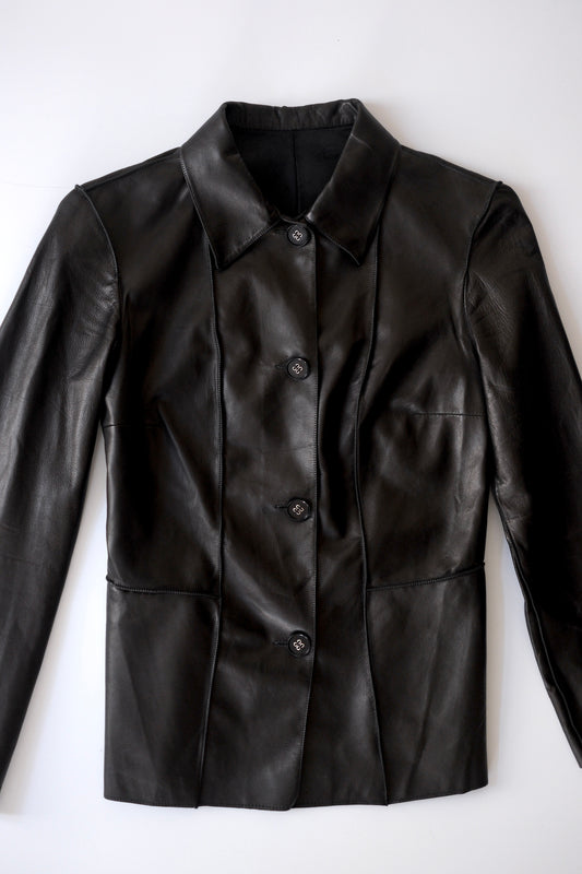 Vintage black leather tailored button-up shirt