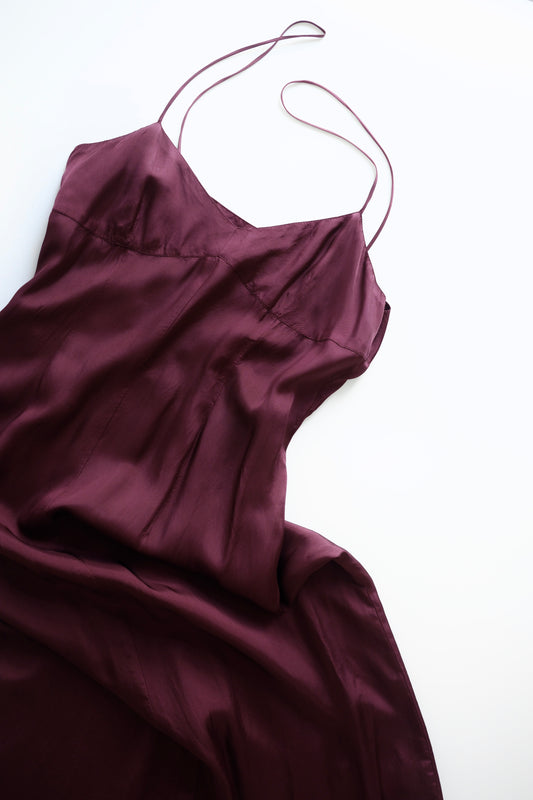 1990s Dries van Noten deep plum satin slip dress