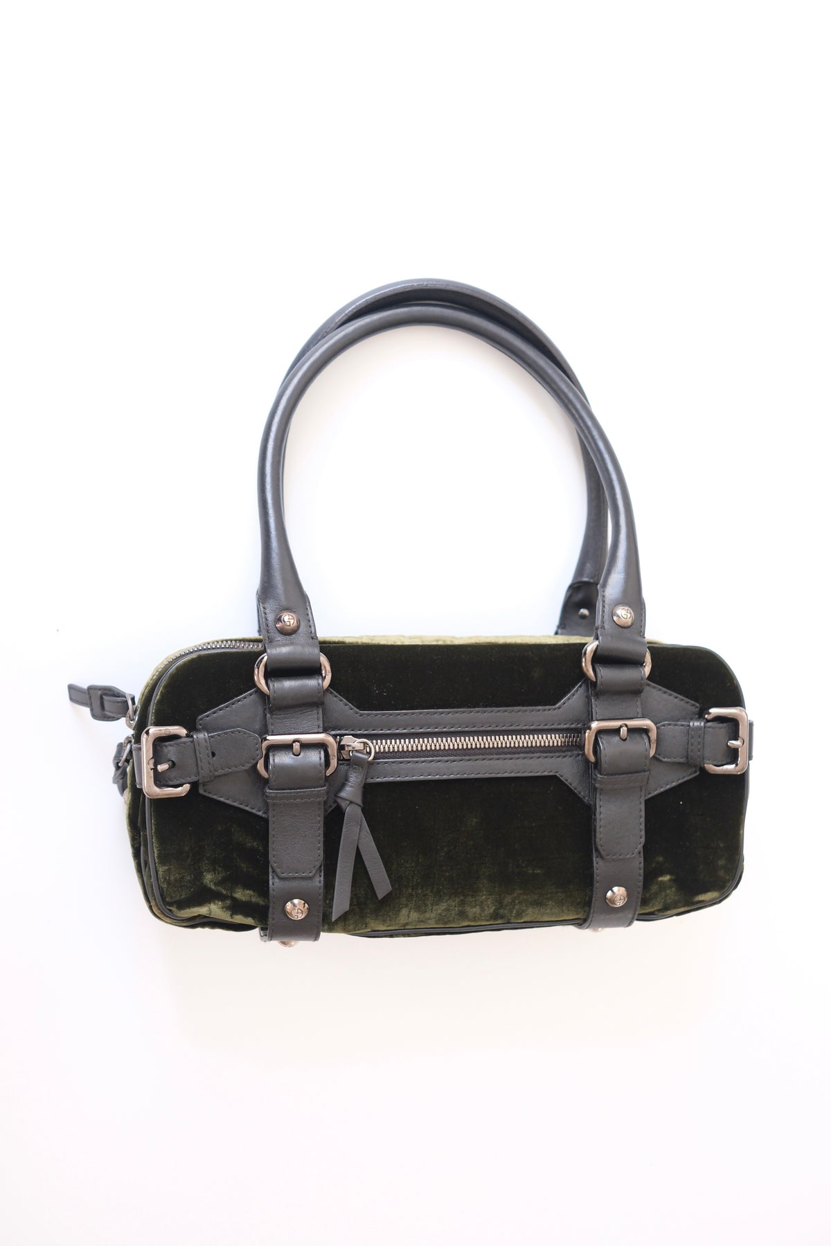 Vintage Giorgio Armani olive green velvet leather bowling handbag