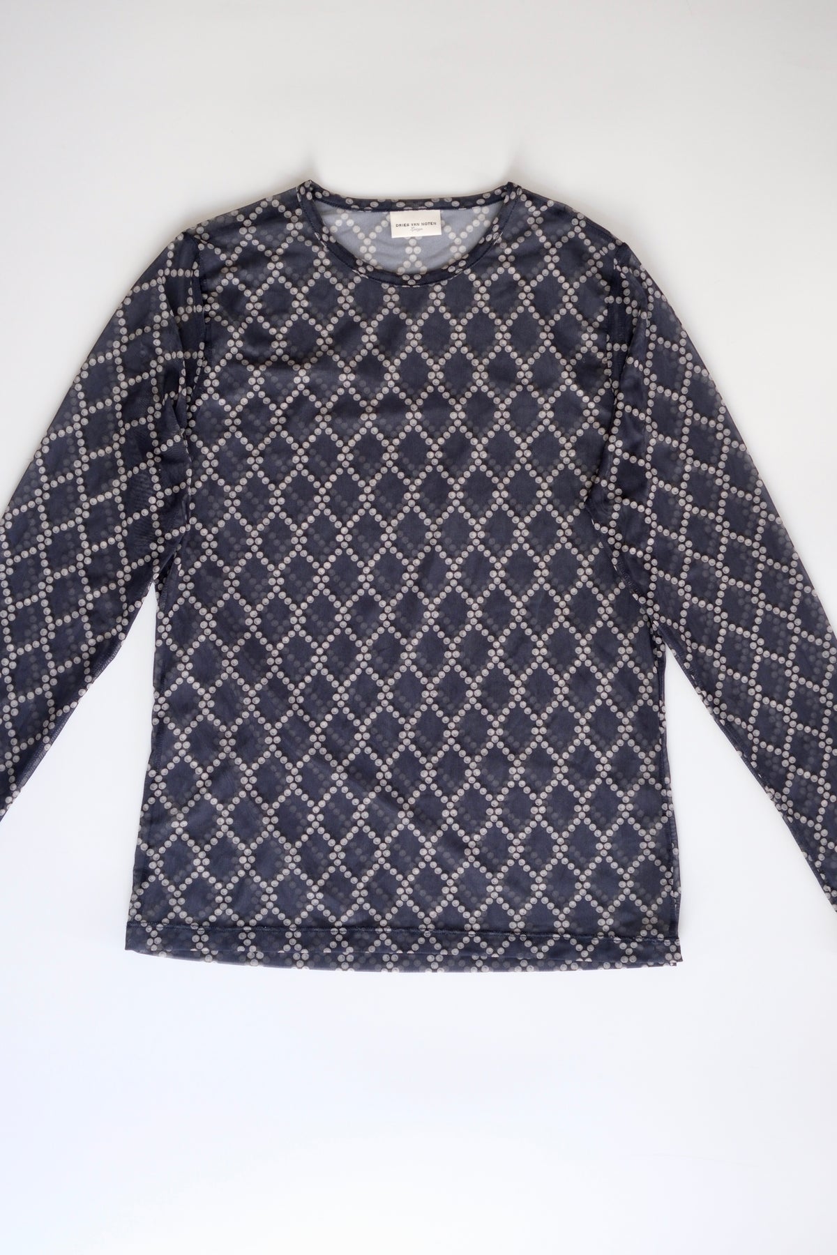 Dries van Noten navy blue diamond print mesh top