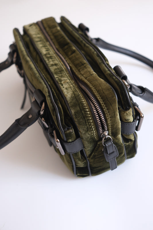 Vintage Giorgio Armani olive green velvet leather bowling handbag