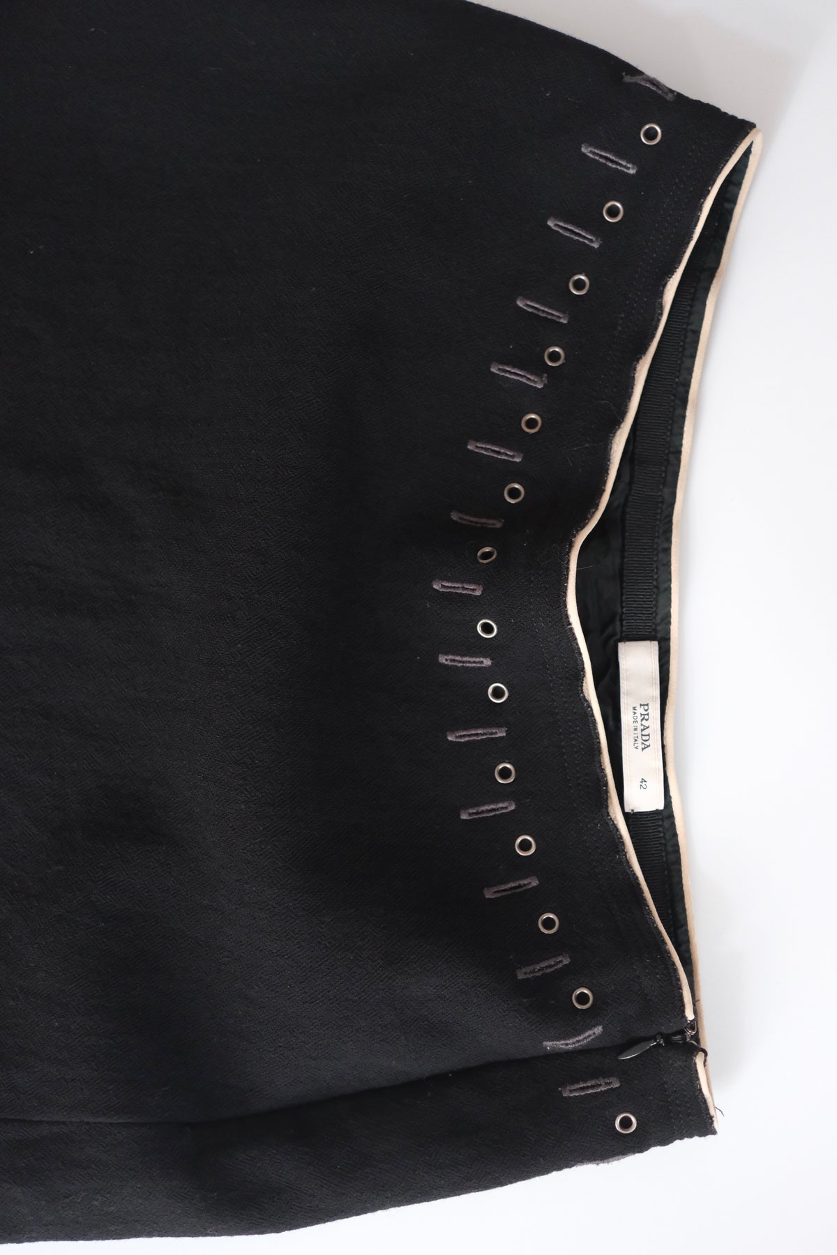 Prada FW 2004 black wool bias cut knee-length skirt