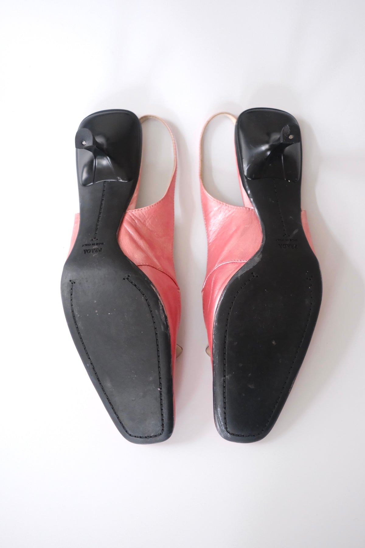 Early 2000s Prada iridescent light pink kitten heel slingback mules