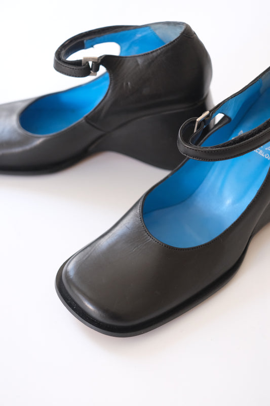 2000s Muxart black leather wedge mary janes
