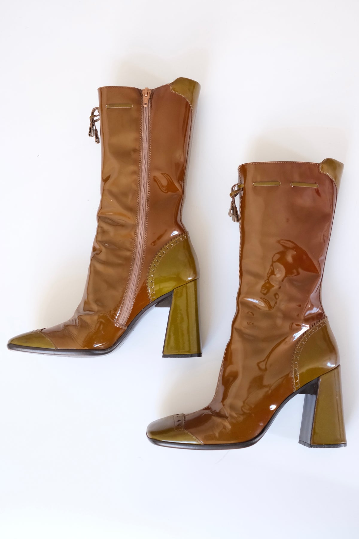 Prada FW 1999 tall color block patent leather boots