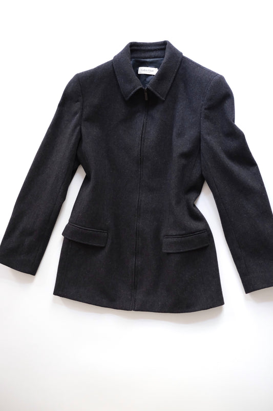 1990s Calvin Klein Collection dark grey wool zip-up jacket