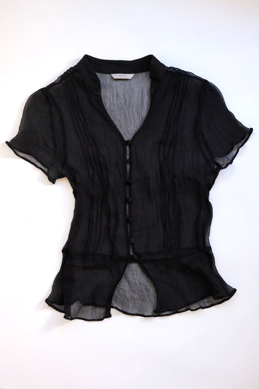 Vintage black shortsleeved button-up top in textured silk