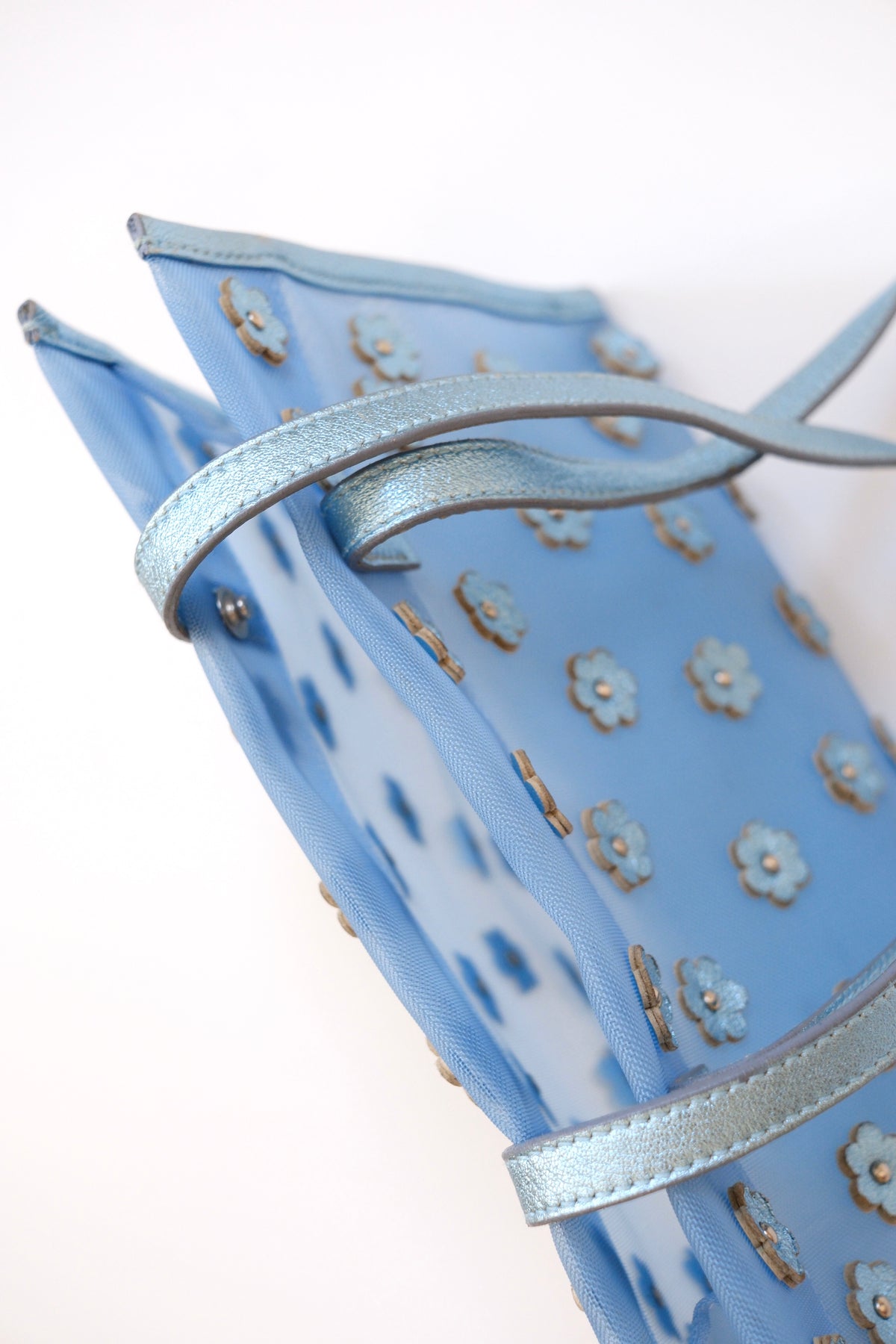Miu Miu FW 1999 metallic light blue daisy mesh tote bag