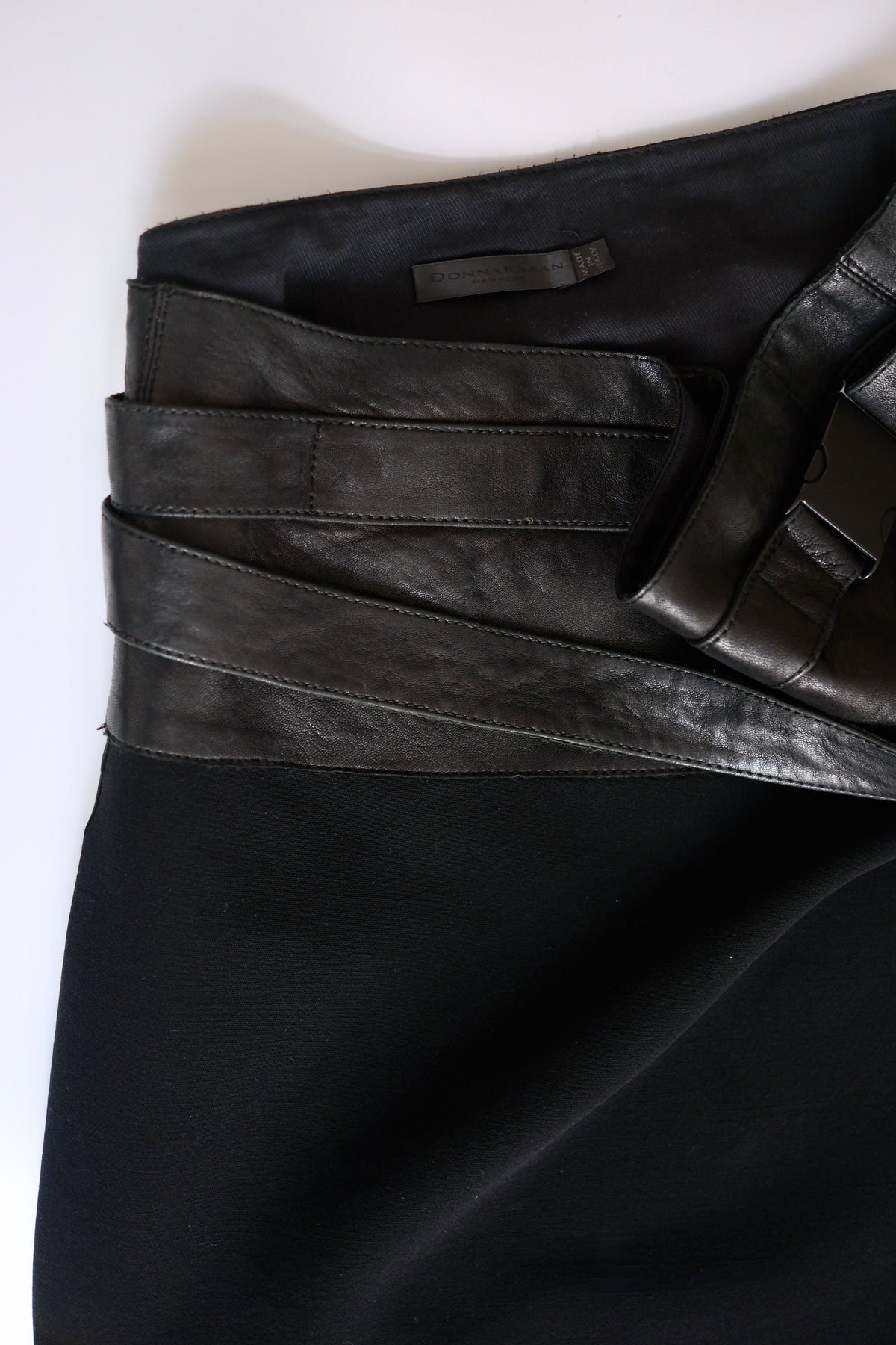 Donna Karan black wool and leather asymmetric knee-length wrap skirt