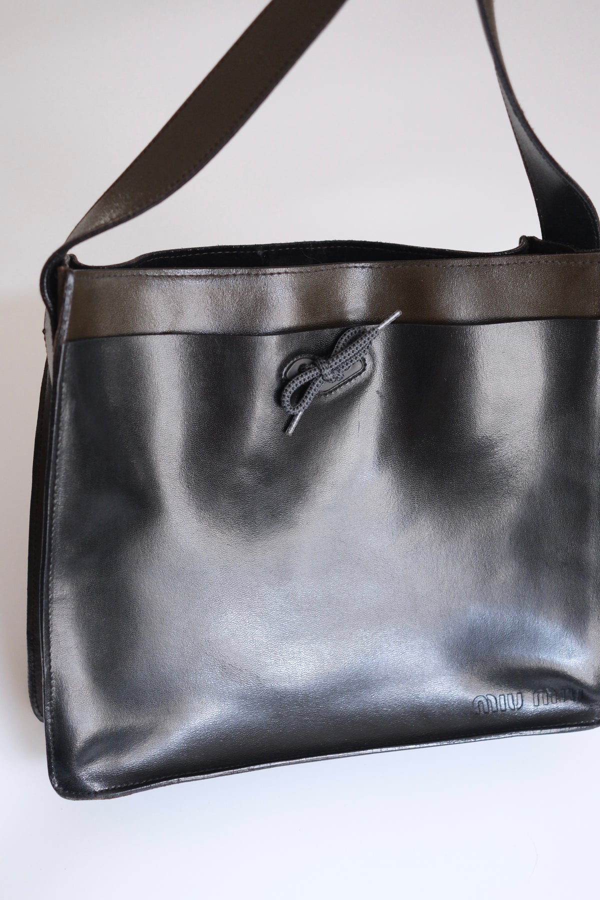 Miu Miu FW 1999 large khaki black leather butterfly shoulder bag