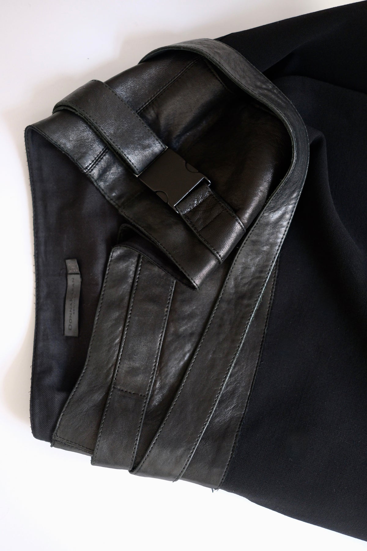 Donna Karan black wool and leather asymmetric knee-length wrap skirt