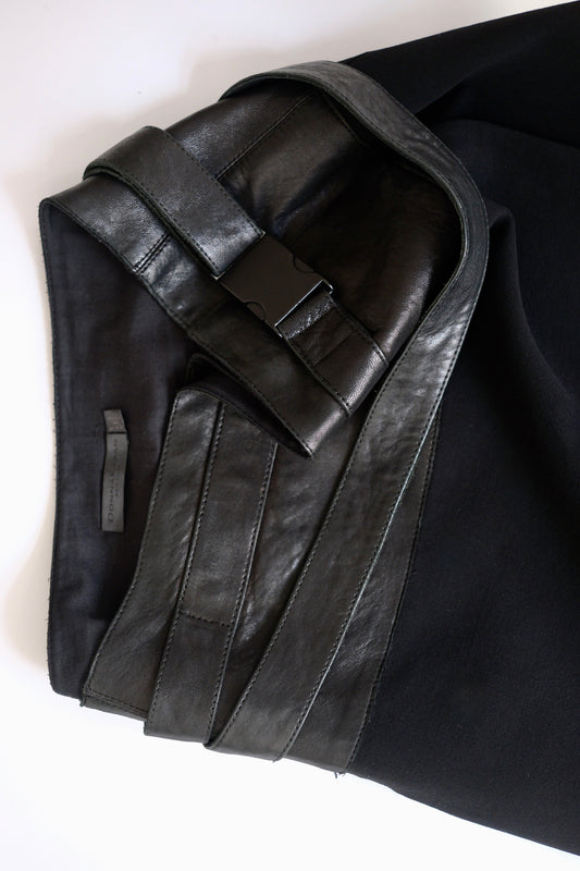 Donna Karan black wool and leather asymmetric knee-length wrap skirt