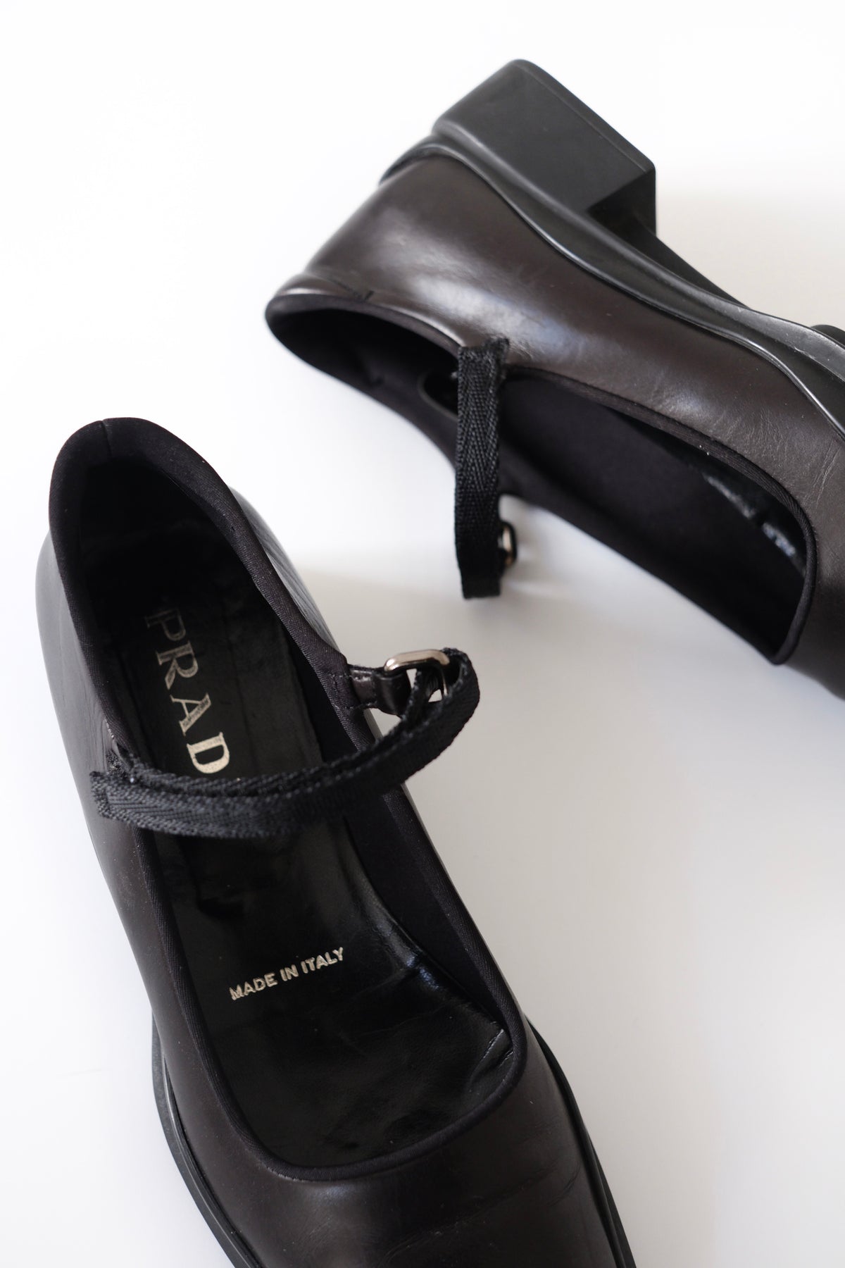 1990s Prada black leather square toe mary jane flats