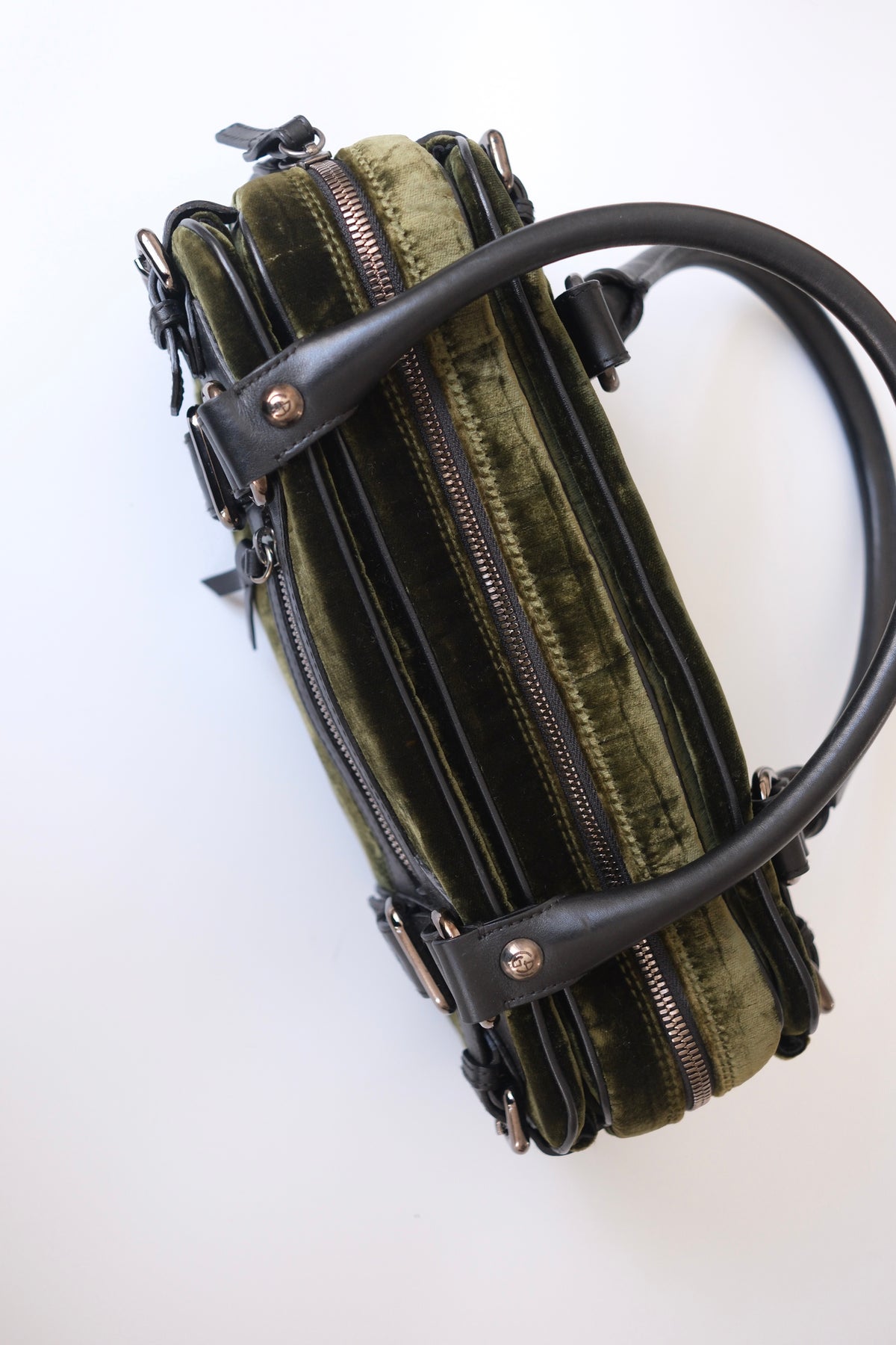 Vintage Giorgio Armani olive green velvet leather bowling handbag