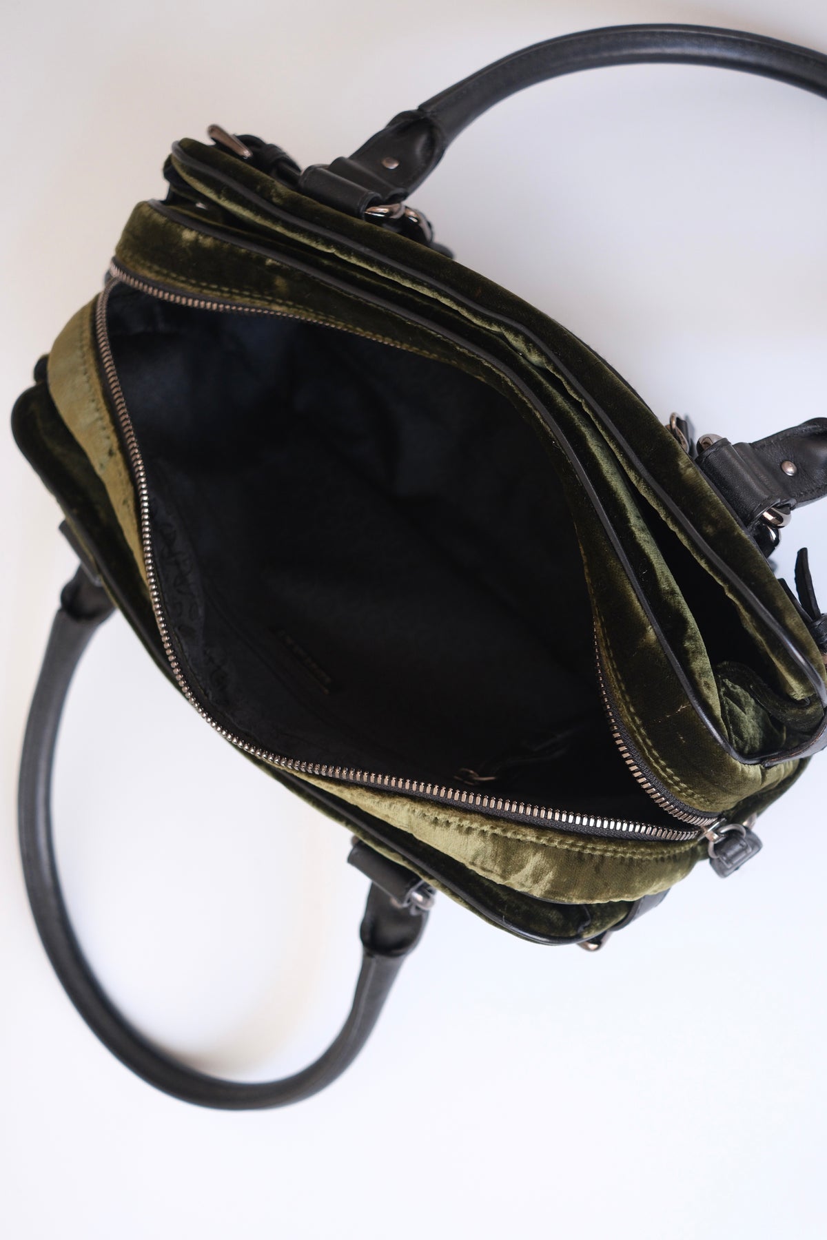 Vintage Giorgio Armani olive green velvet leather bowling handbag