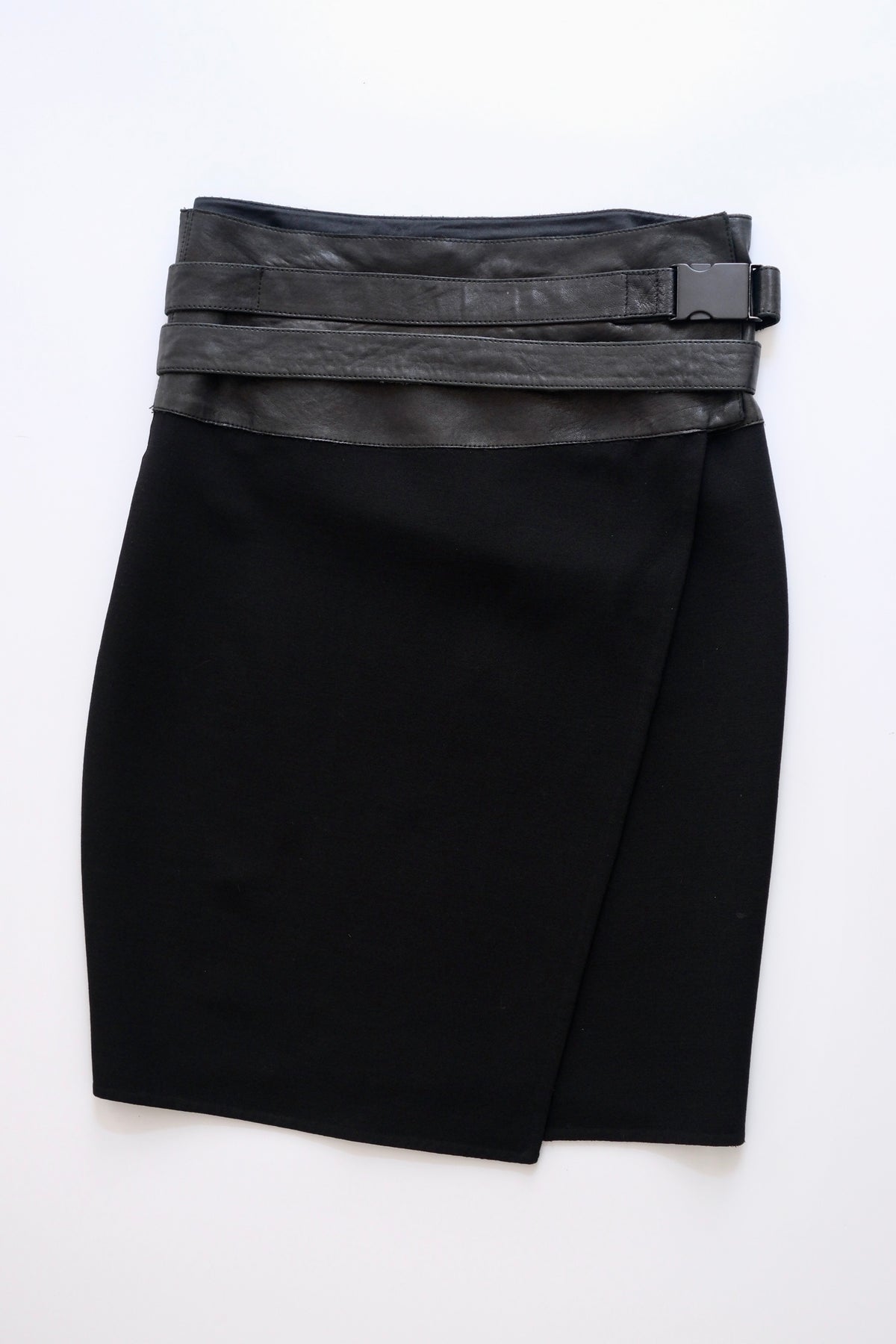 Donna Karan black wool and leather asymmetric knee-length wrap skirt