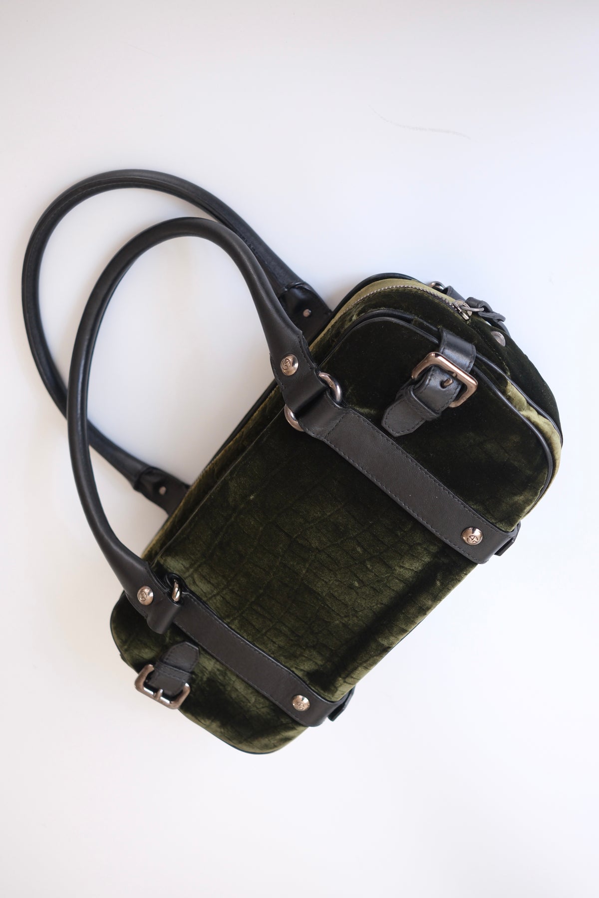 Vintage Giorgio Armani olive green velvet leather bowling handbag