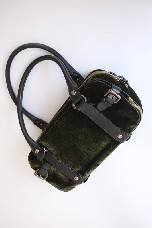 Vintage Giorgio Armani olive green velvet leather bowling handbag