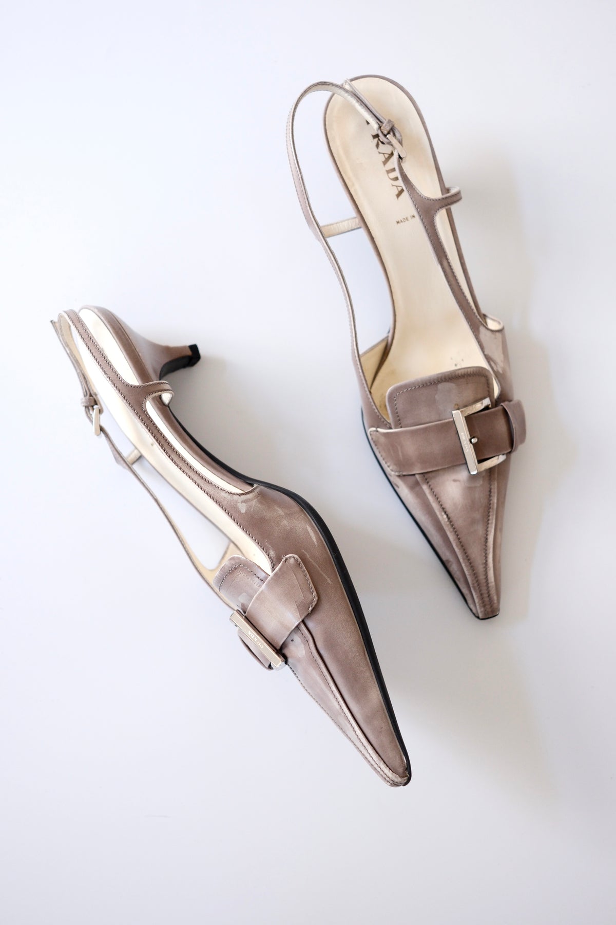 Prada SS 2018 grey leather kitten heel pointy slingback pumps