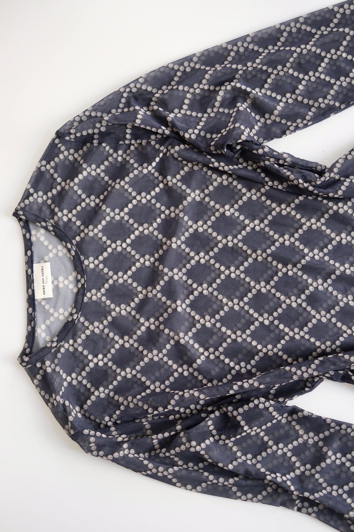 Dries van Noten navy blue diamond print mesh top