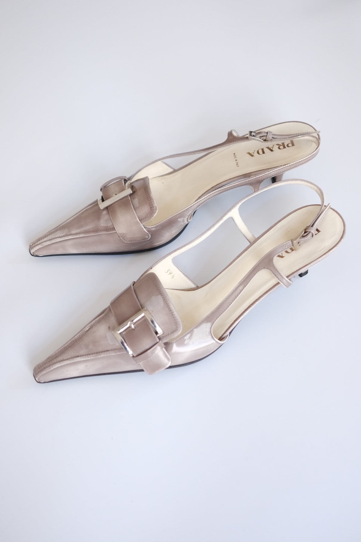 Prada SS 2018 grey leather kitten heel pointy slingback pumps