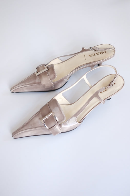 Prada SS 2018 grey leather kitten heel pointy slingback pumps