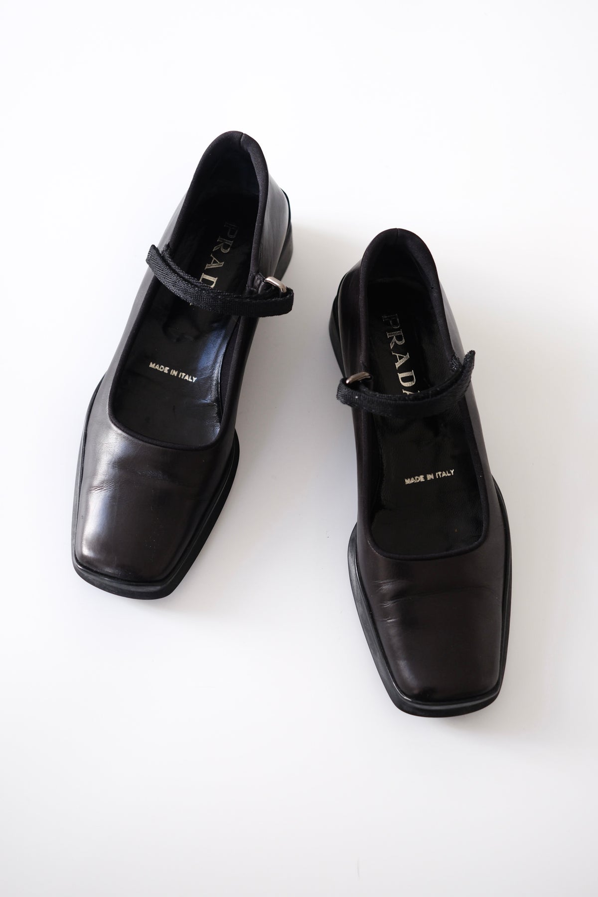 1990s Prada black leather square toe mary jane flats