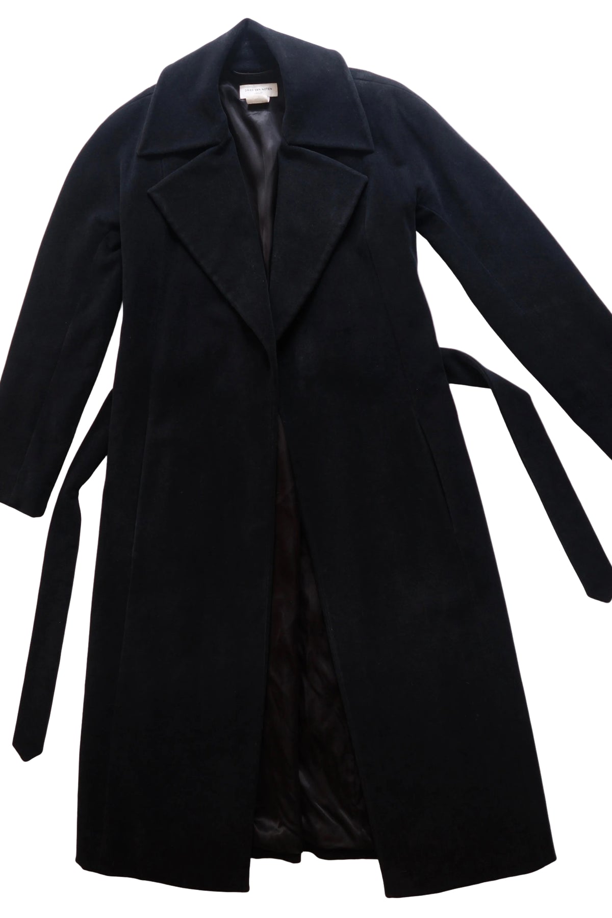 Dries van Noten long black wool velvet wrap coat