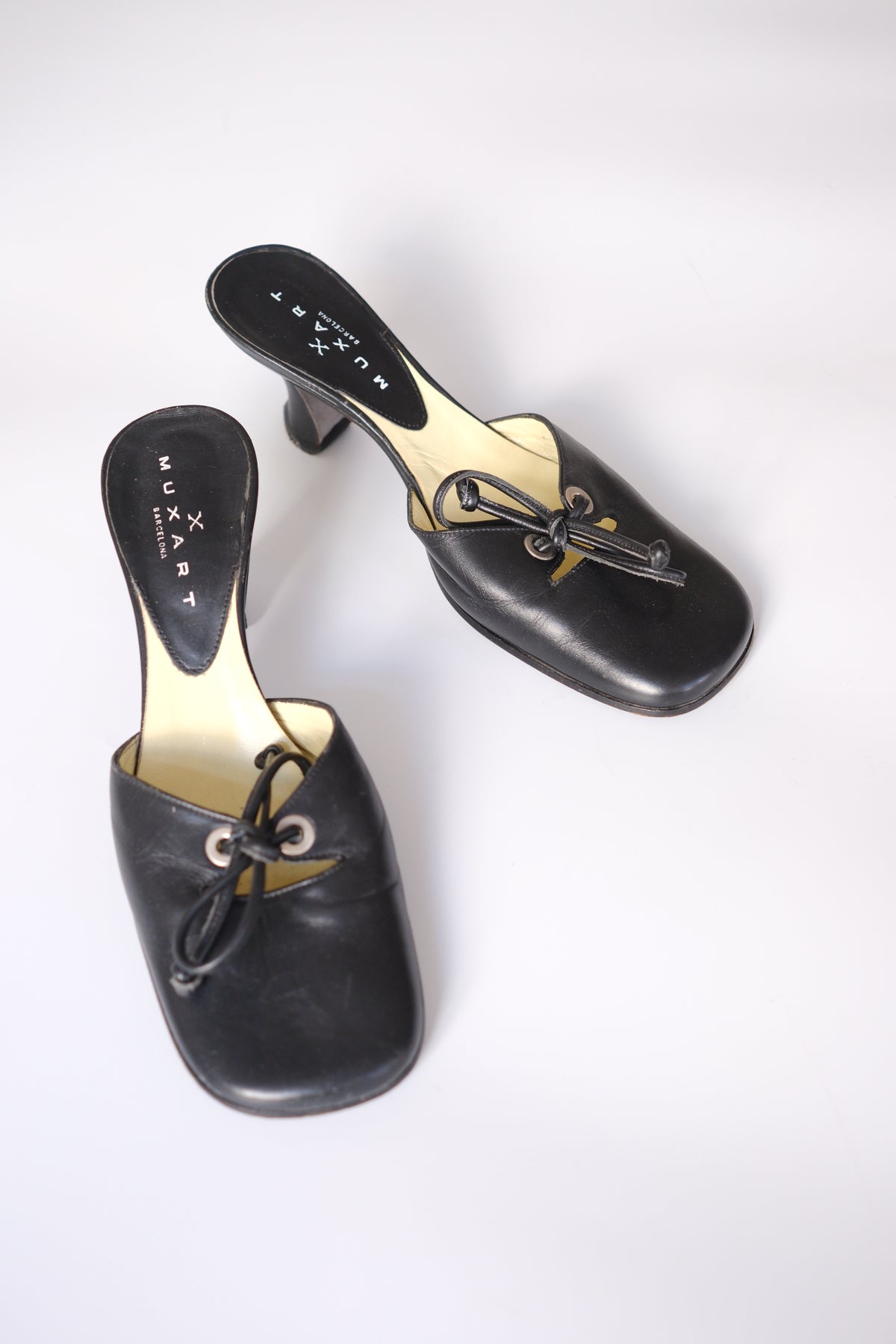 2000s Muxart black leather lace-up heeled mules