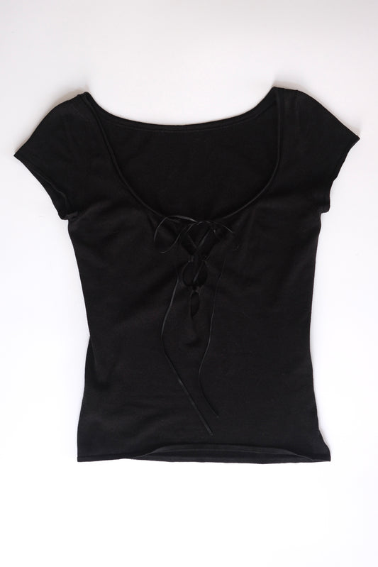 Gucci by Tom Ford black cap sleeve front-tie knitted top