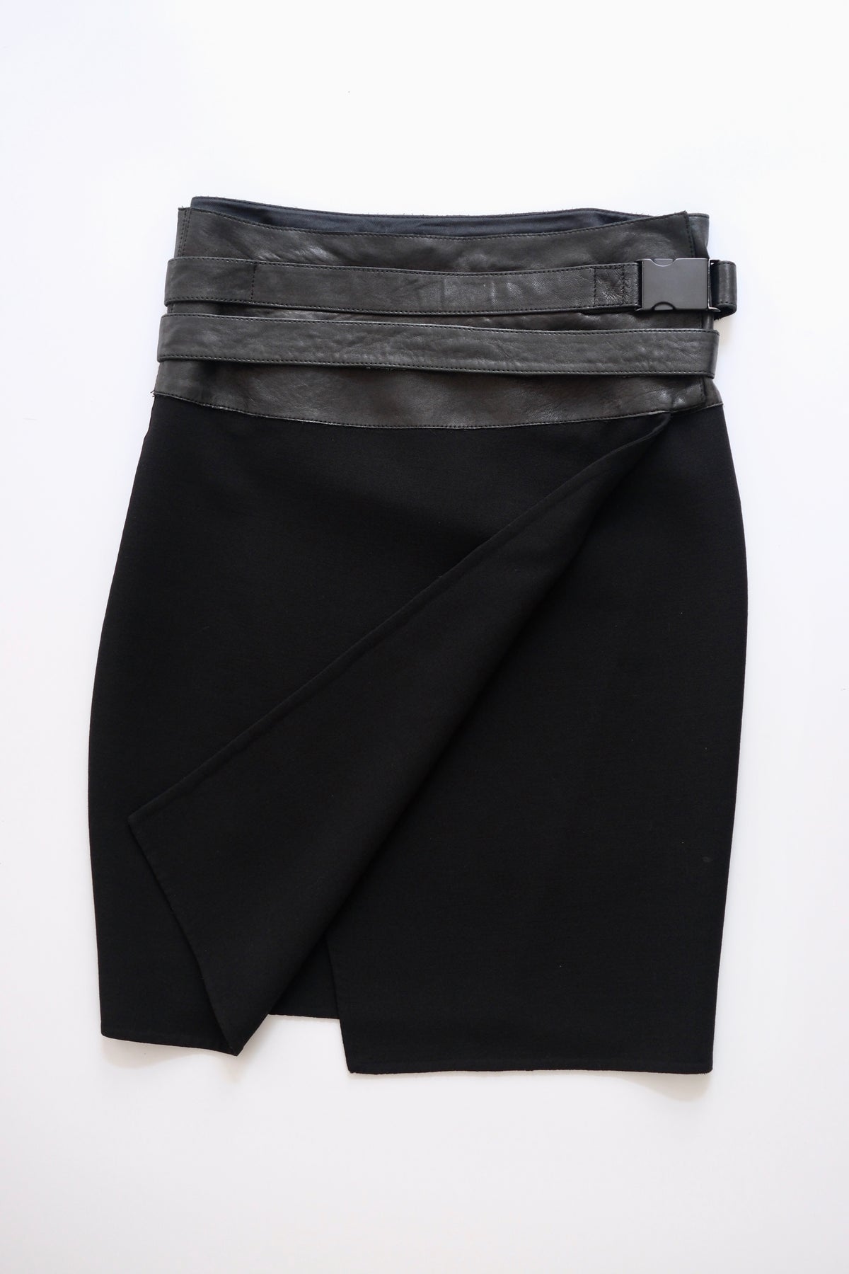 Donna Karan black wool and leather asymmetric knee-length wrap skirt