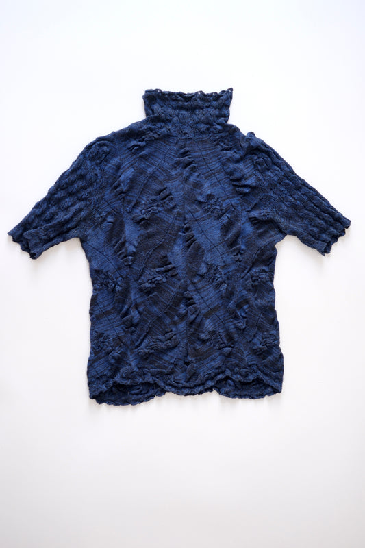 Vintage navy blue high neck shortsleeved knit top