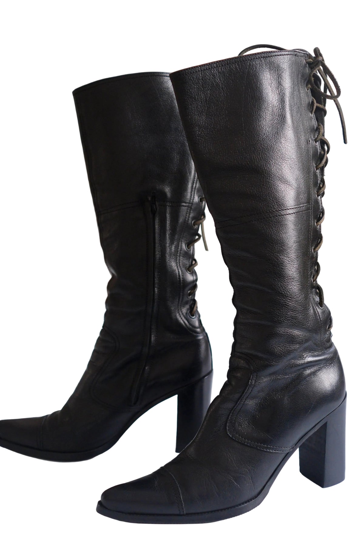 Miu Miu SS 1999 black leather knee-high lace-up heeled boots