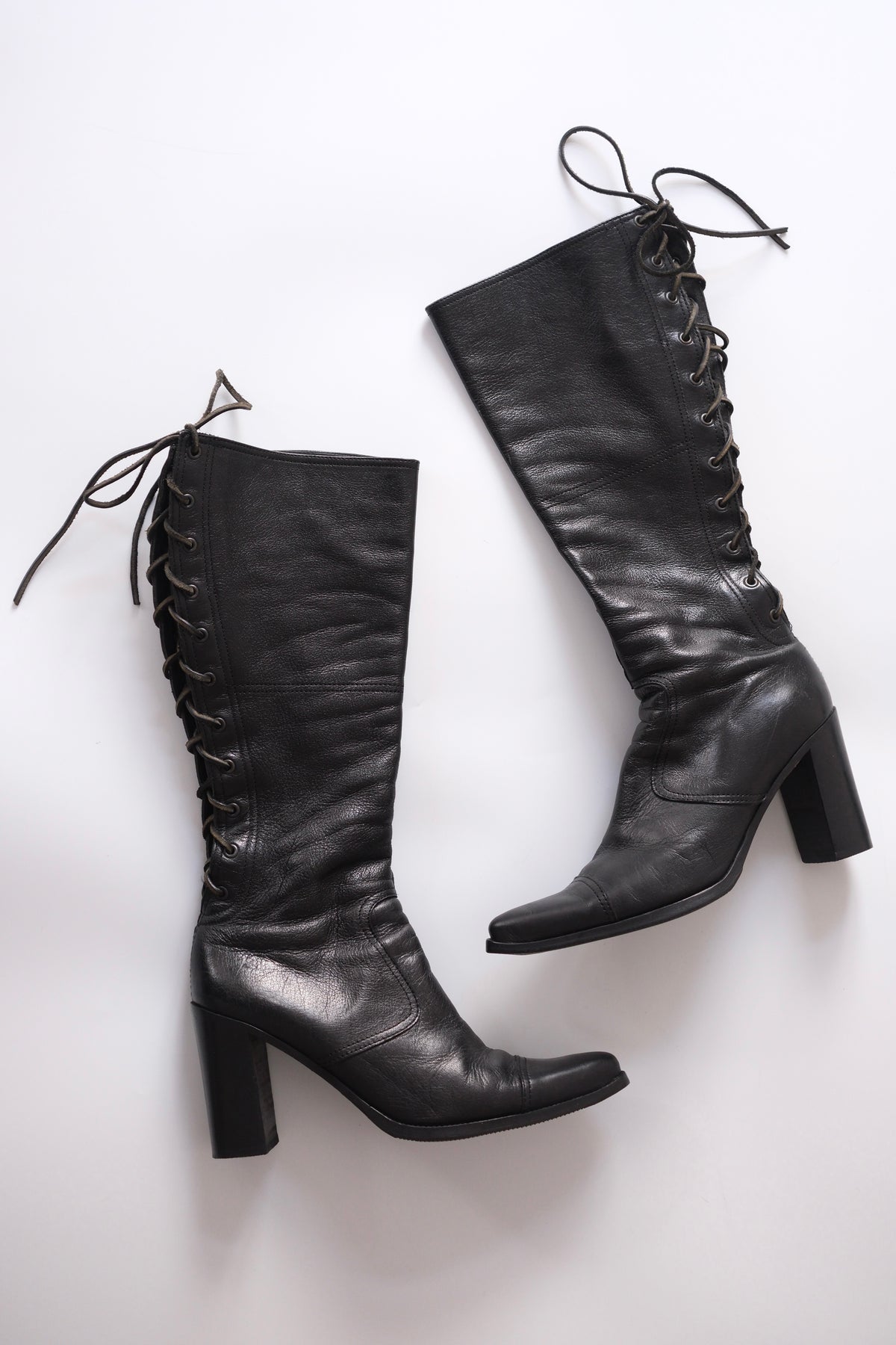Miu Miu SS 1999 black leather knee-high lace-up heeled boots
