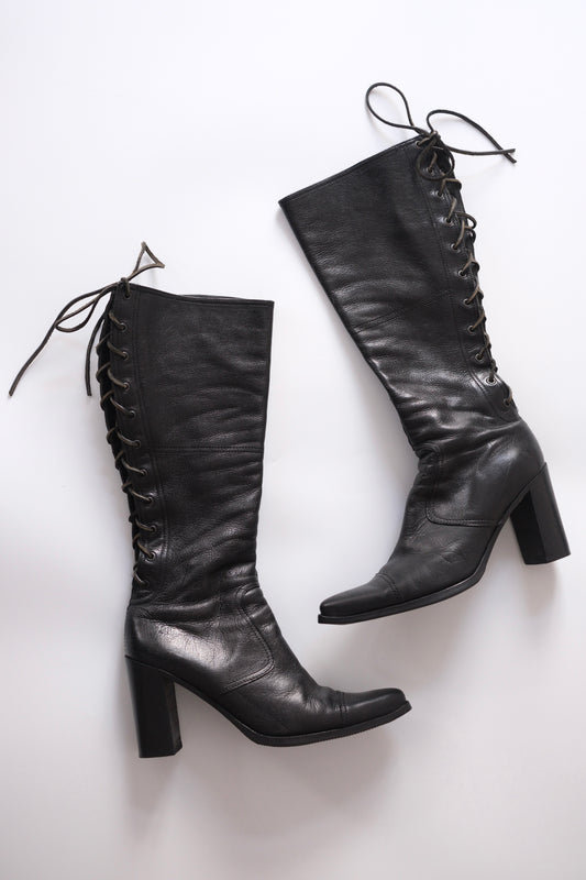 Miu Miu SS 1999 black leather knee-high lace-up heeled boots