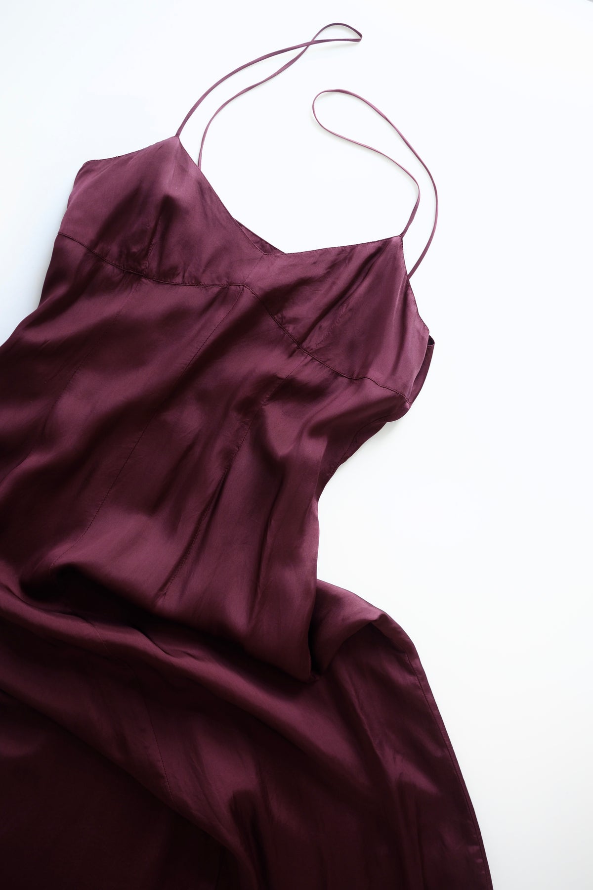 1990s Dries van Noten deep plum satin slip dress