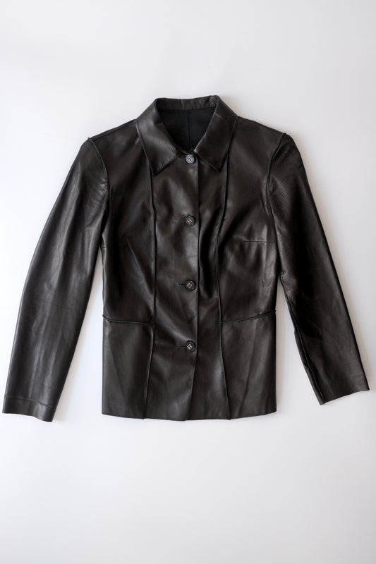 Vintage black leather tailored button-up shirt