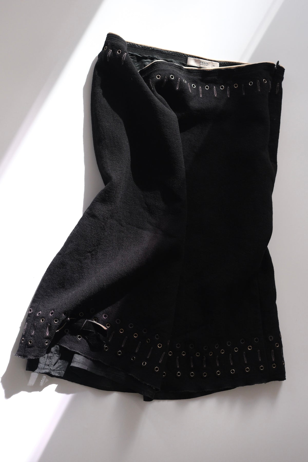 Prada FW 2004 black wool bias cut knee-length skirt