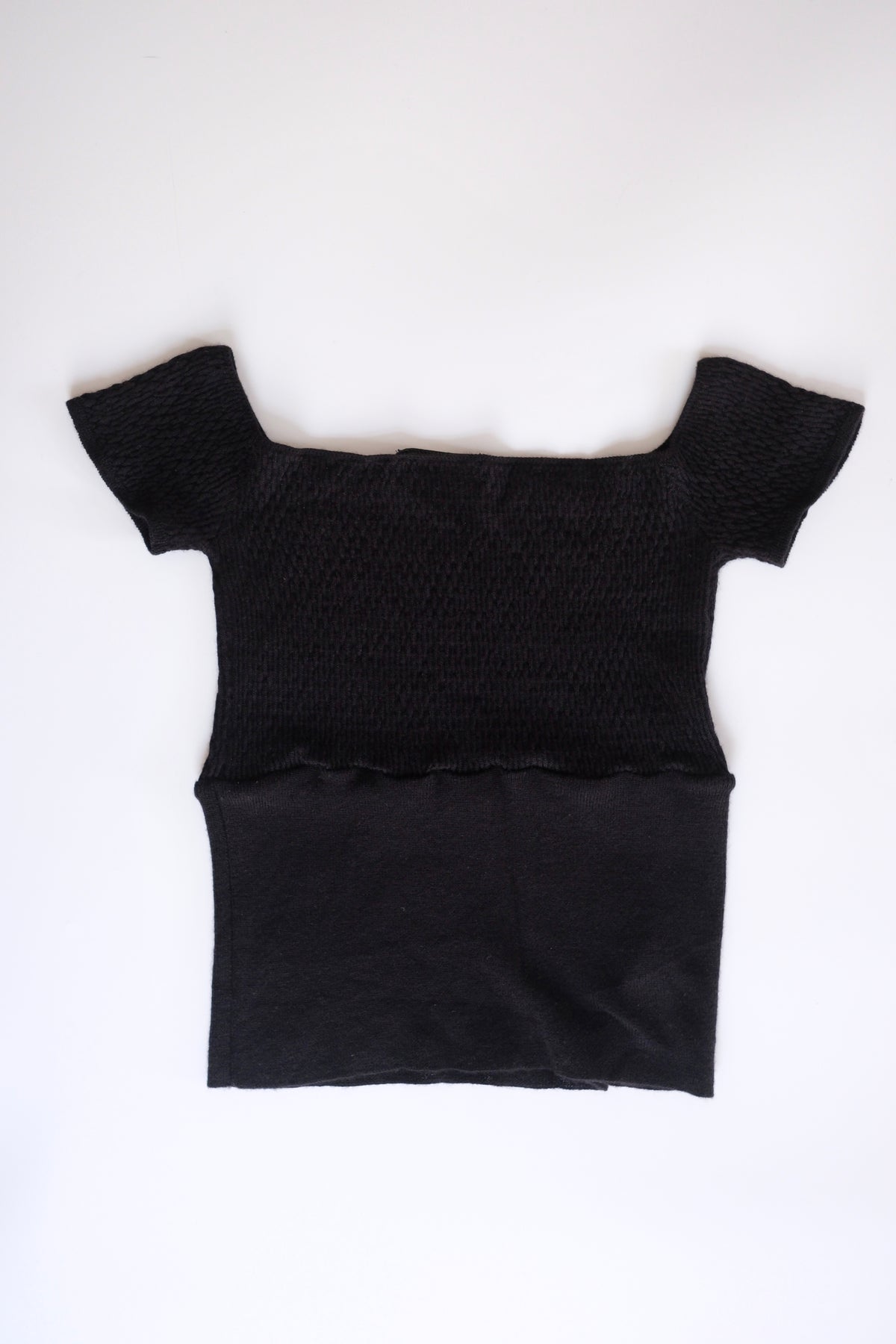 1990s Prada black cashmere silk blend off the shoulder cropped knit