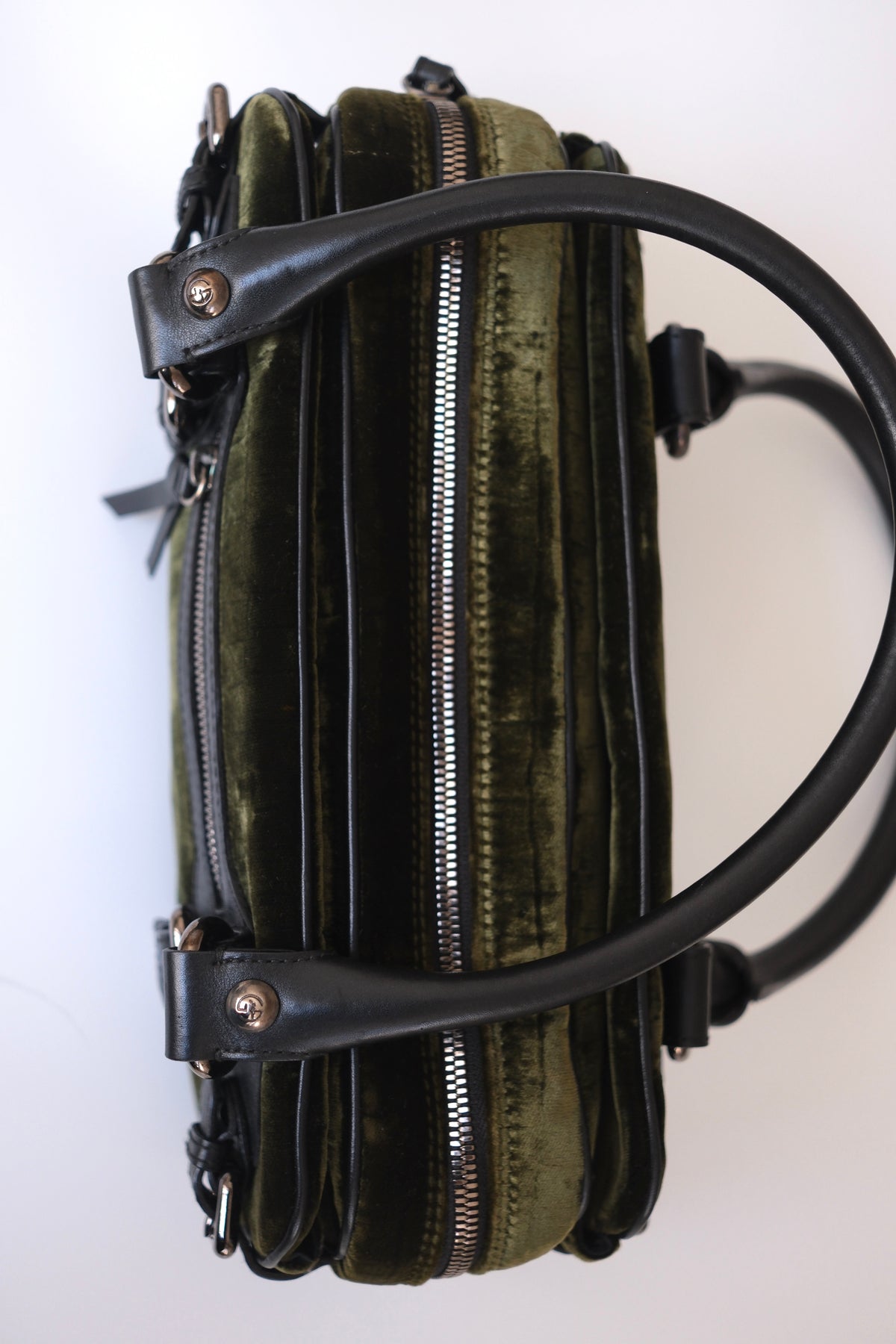 Vintage Giorgio Armani olive green velvet leather bowling handbag