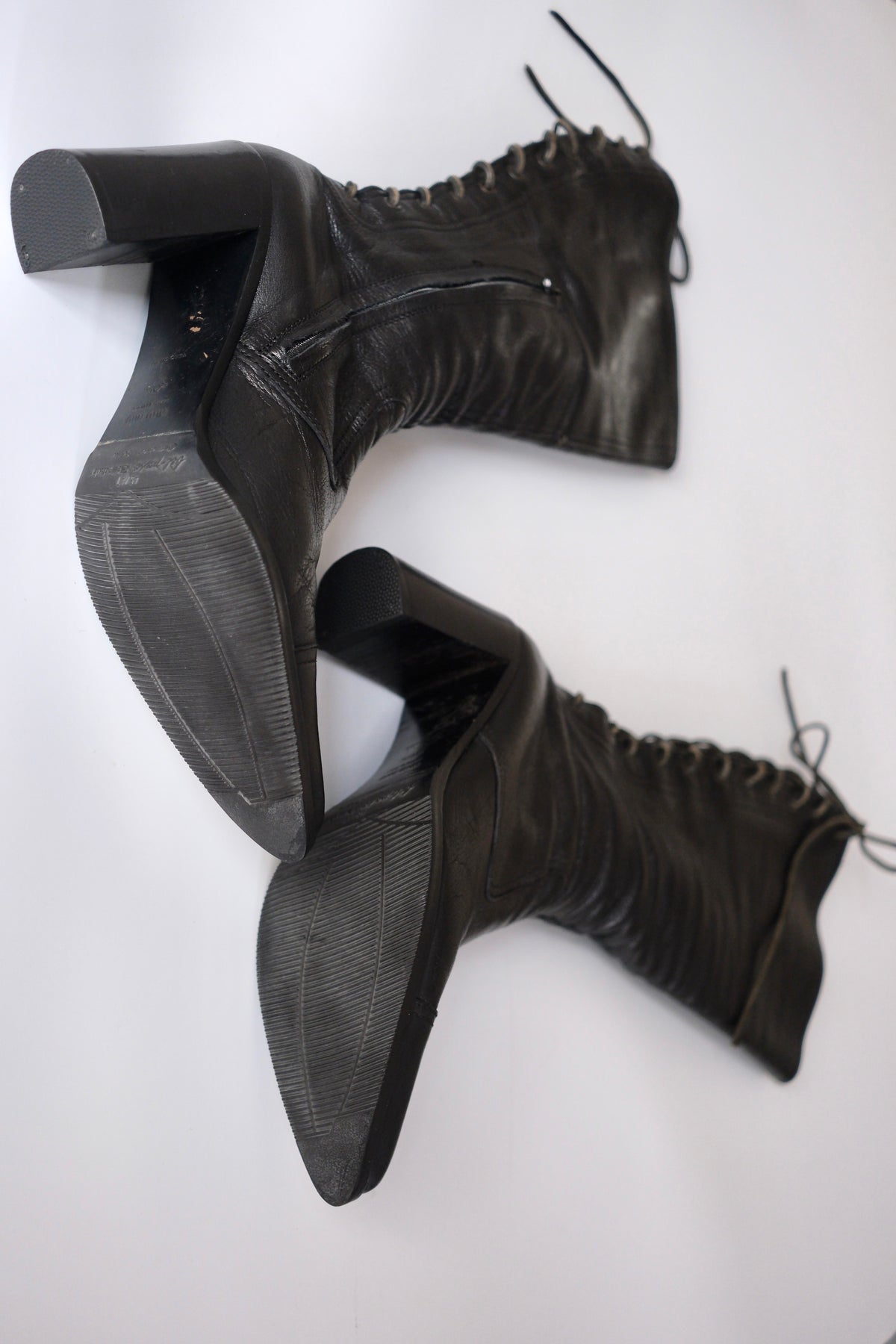 Miu Miu SS 1999 black leather knee-high lace-up heeled boots