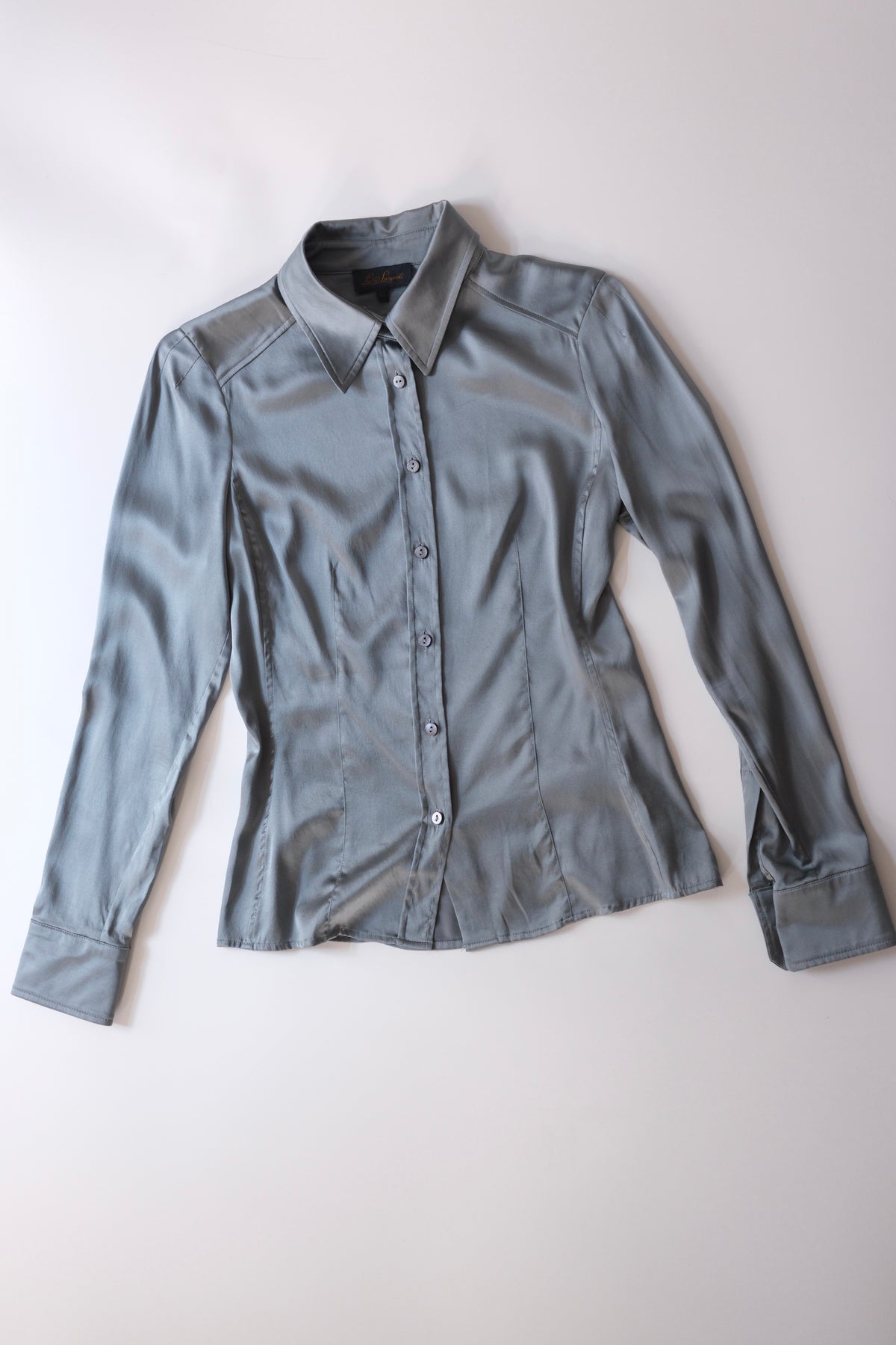 Luisa Spagnoli muted blue satin silk button-up shirt