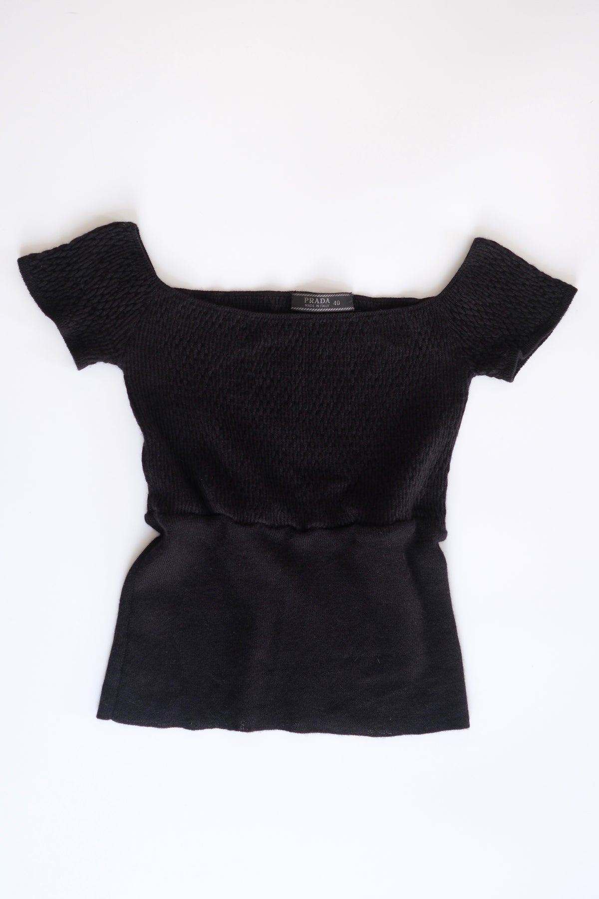 1990s Prada black cashmere silk blend off the shoulder cropped knit