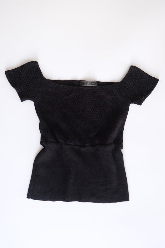 1990s Prada black cashmere silk blend off the shoulder cropped knit