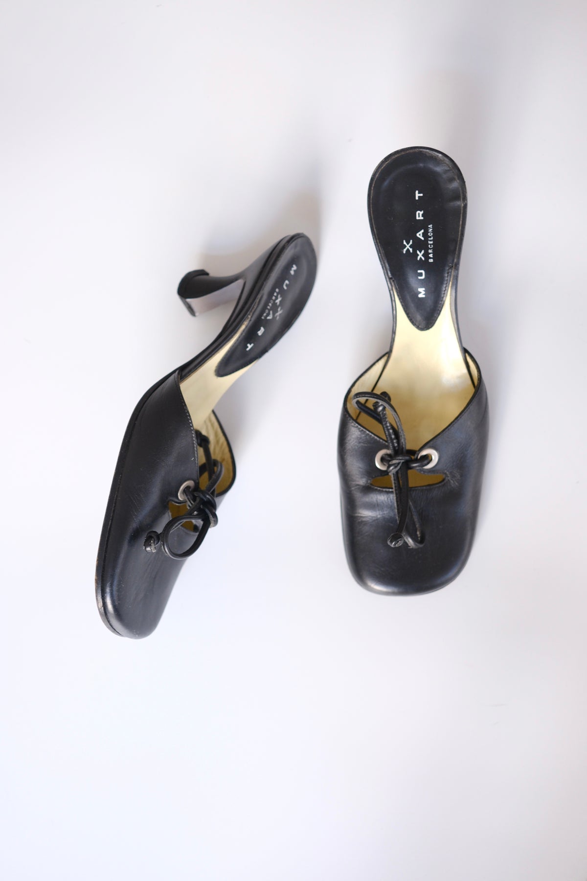 2000s Muxart black leather lace-up heeled mules