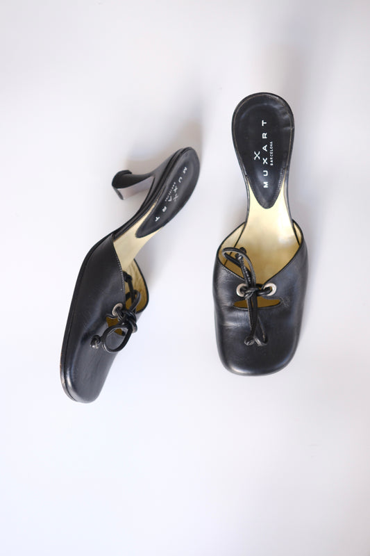 2000s Muxart black leather lace-up heeled mules