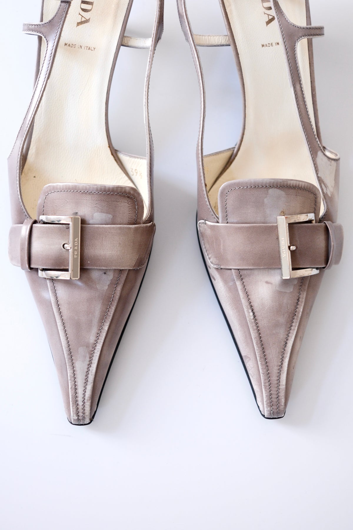 Prada SS 2018 grey leather kitten heel pointy slingback pumps